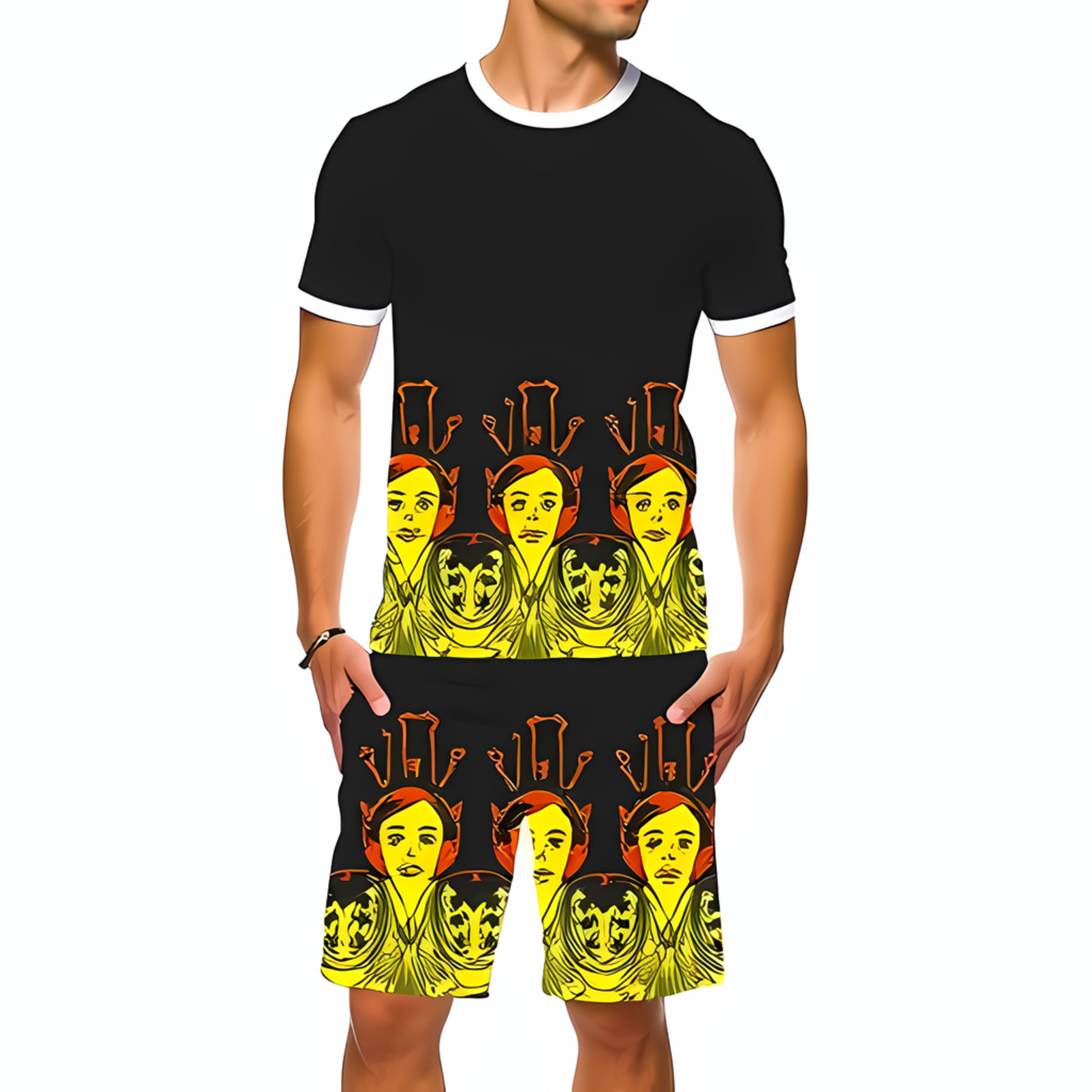 Bold Black Ringer T-Shirt & Shorts Set with Vibrant Yellow & Orange ...