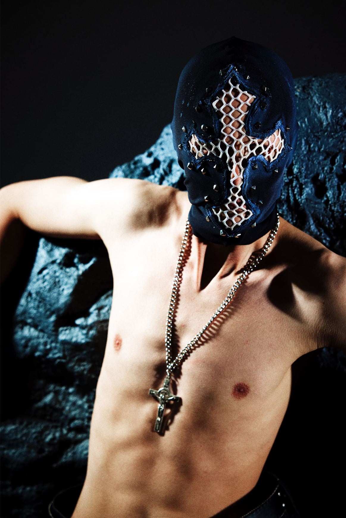 Bold Black Ski Mask and Balaclava  Featuring Central Cross Symbol and Metal Stud Details for Motorcycle, Snow, Skiing, and Nightclub Use