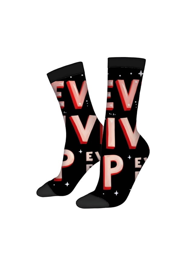 Bold Black Socks with 3D Red ' V ' Design & ' VIV ' Text Festive Star Pattern Unisex Trendy Style - 2 Pairs for All Seasons