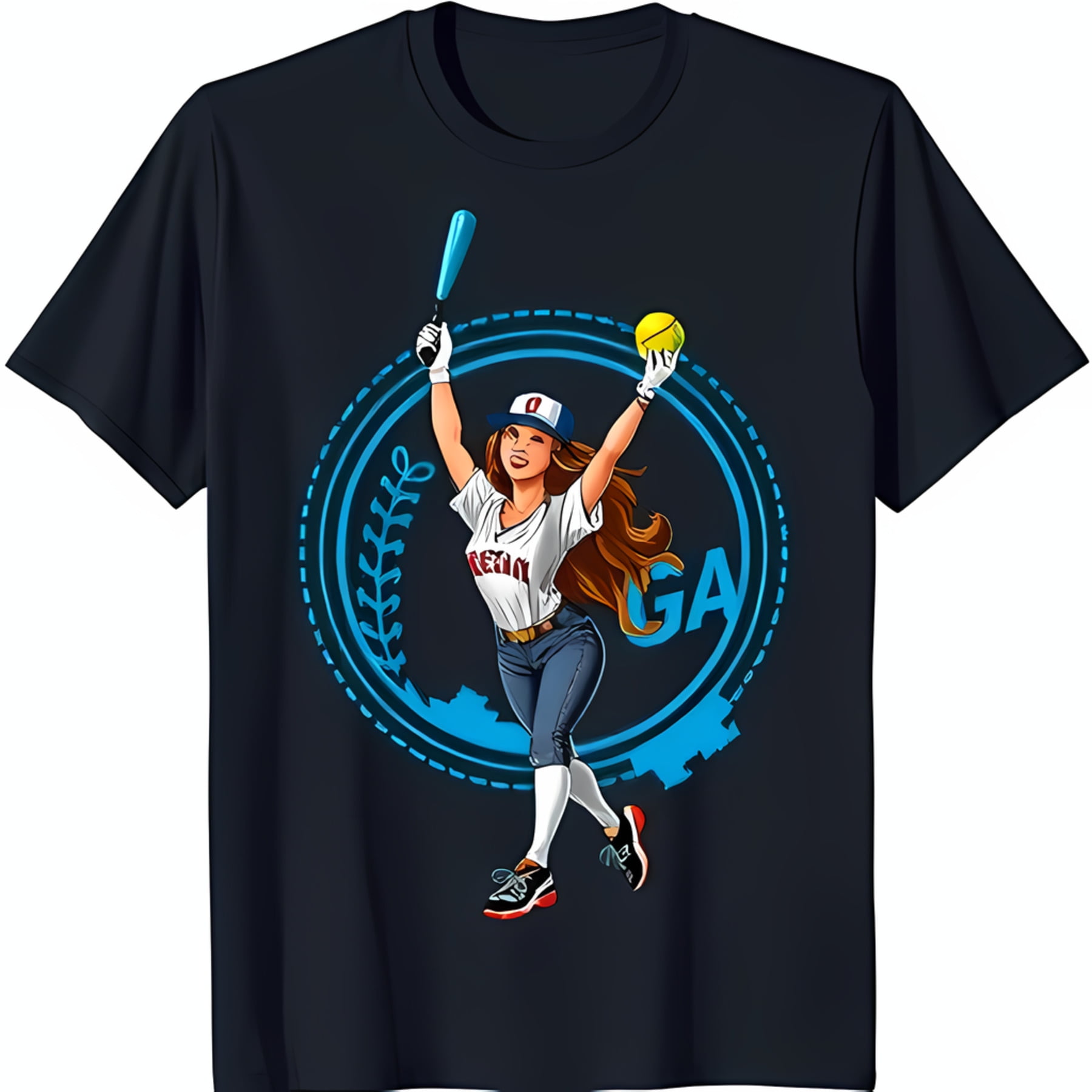 Bold Black TShirt Featuring Female Softball Player Graphic
