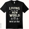 Bold Black TShirt Living in the New World with 3 Globe Graphic Design