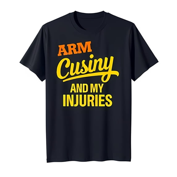 Bold Black T-Shirt with 'ARM CUSINY AND MY INJURIES' in Vibrant Yellow
