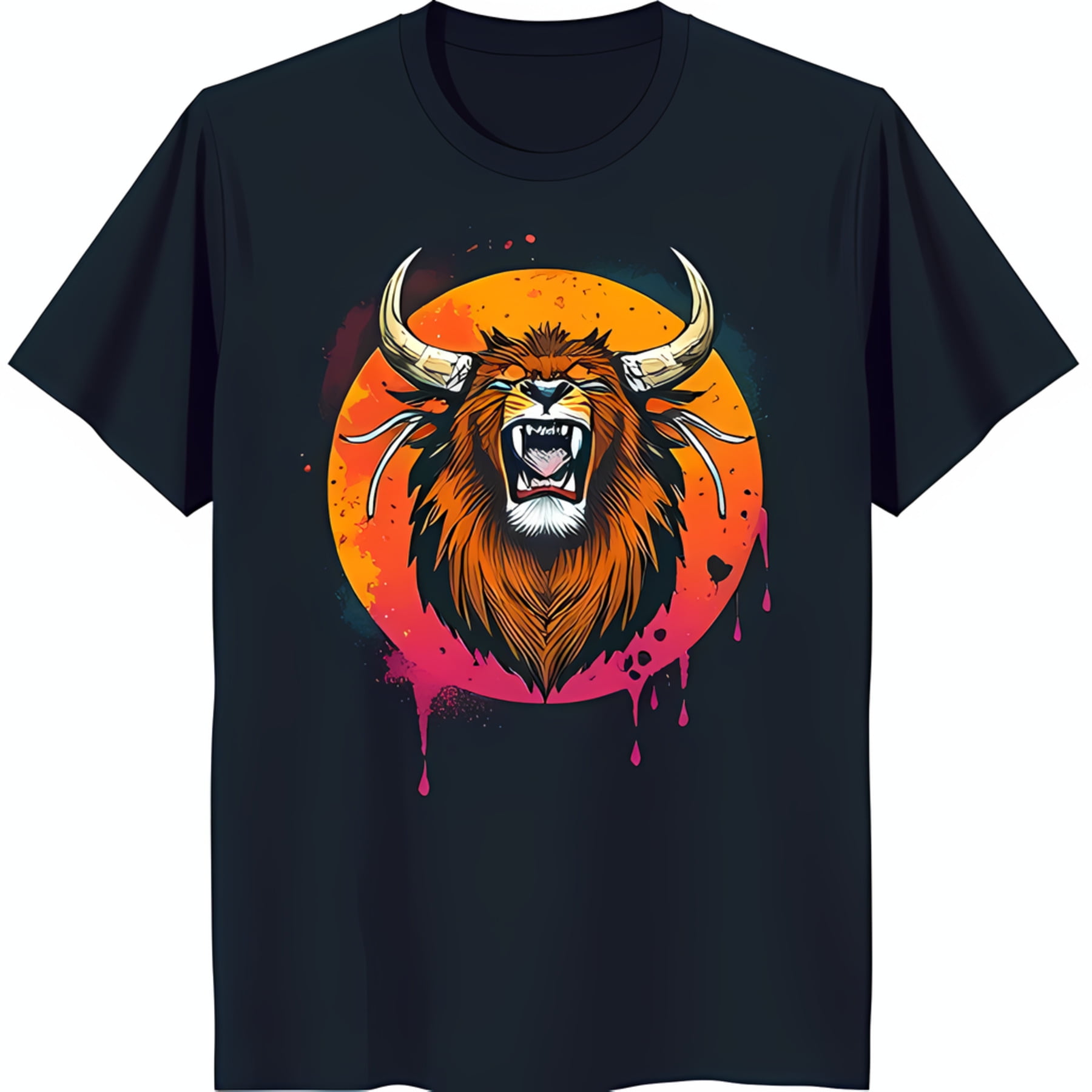 Bold Black TShirt with Artistic and Horns Graphic Roaring Strength