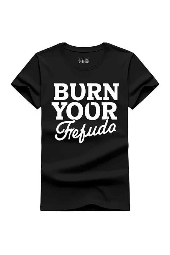 Bold Black T-Shirt with BURN YOUR FREJUDA Graphic Design Men s Neck
