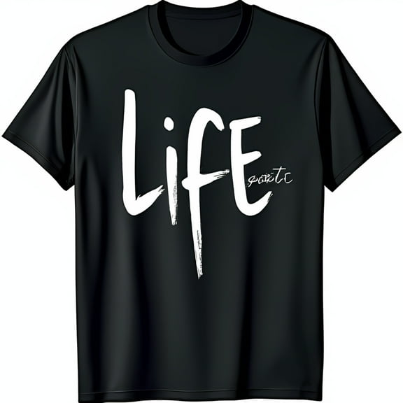 Bold Black T-Shirt with Brushstroke Life Graphic & Cursive Positive Design