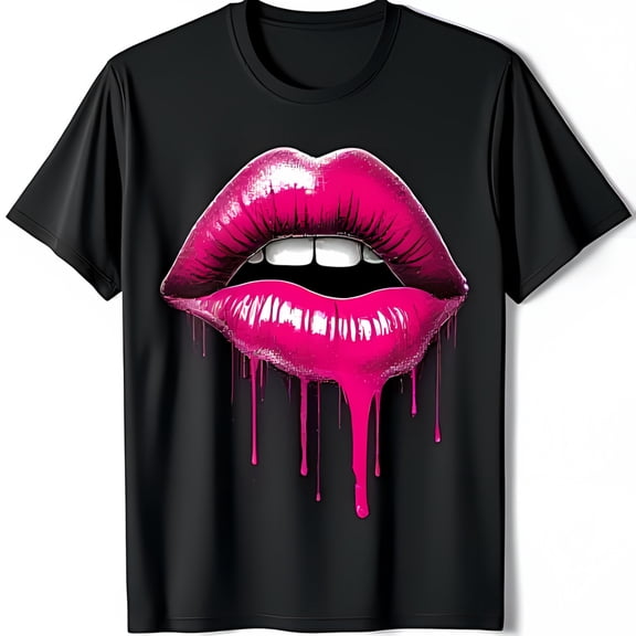Bold Black T-Shirt with Captivating Dripping Pink Lip Graphic a Statement