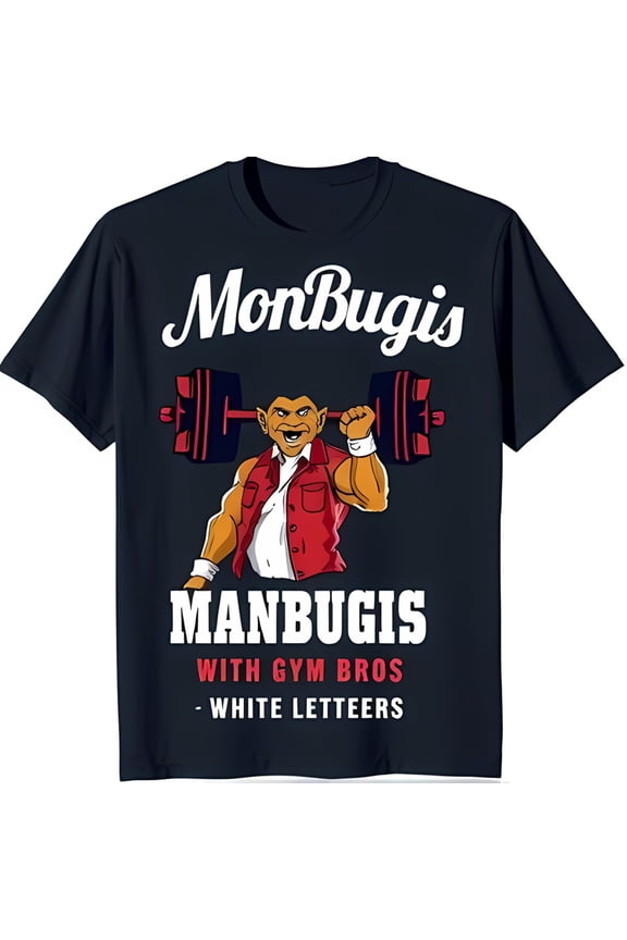 Bold Black T-Shirt with Cartoon Muscle Man Graphic & 'ManBugis' Design