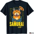 Bold Black TShirt with Cartoon Samurai Cat Graphic & Pizza
