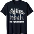 thumbnail image 1 of Bold Black T-Shirt with Cartoon Spearmen Graphic & 'The Fight the Lyst' Design, 1 of 5