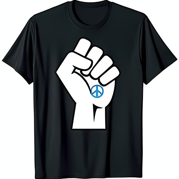 Bold Black T-Shirt with Clenched Fist Graphic & Blue Peace Symbol Strength