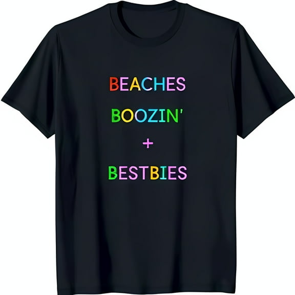 Bold Black T-Shirt with Colorful 'BEACHES BOOZIN' BESTBIES' Graphic Design