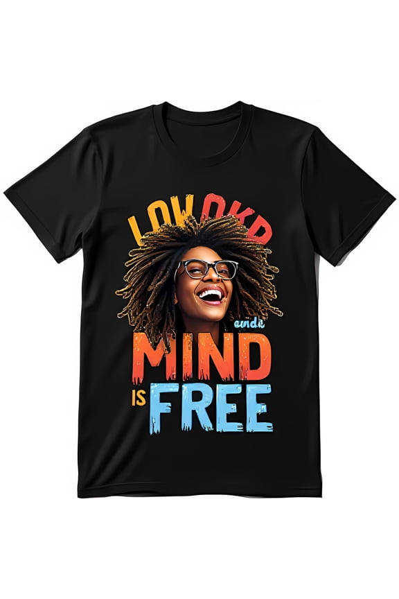 Bold Black T-Shirt with Colorful 'LOCKED' Graphic & Smiling Dreadlocked Woman