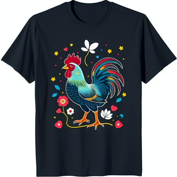 Bold Black T-Shirt with Colorful Rooster Graphic Surrounded by Flowers & Stars