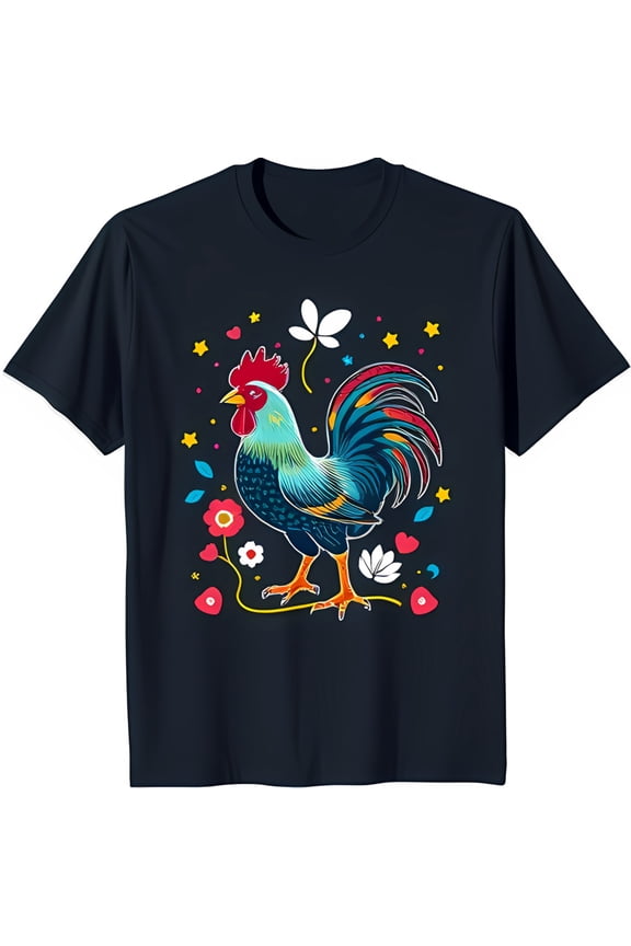 Bold Black T-Shirt with Colorful Rooster Graphic Surrounded by Flowers & Stars