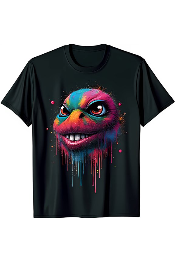 Bold Black T-Shirt with Colorful Splatter & Intense Face Design
