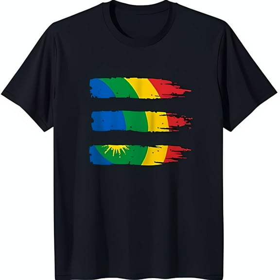 Bold Black T-Shirt with Colorful Stripes & Sun Graphic Unique Art Design