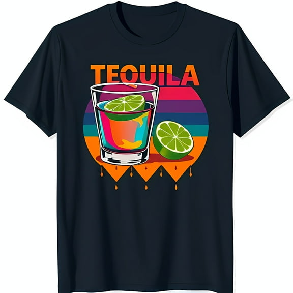 Bold Black T-Shirt with Colorful Tequila Shot Glass Graphic & Wedge