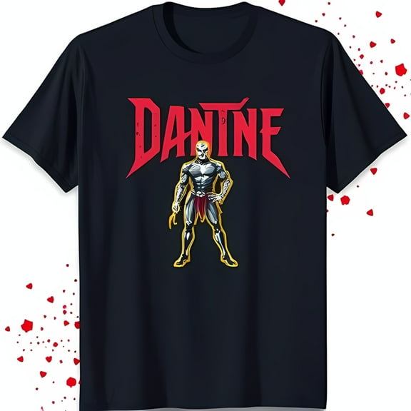 Bold Black T-Shirt with 'DANTE' Graphic & Muscular Illustration Unique Style