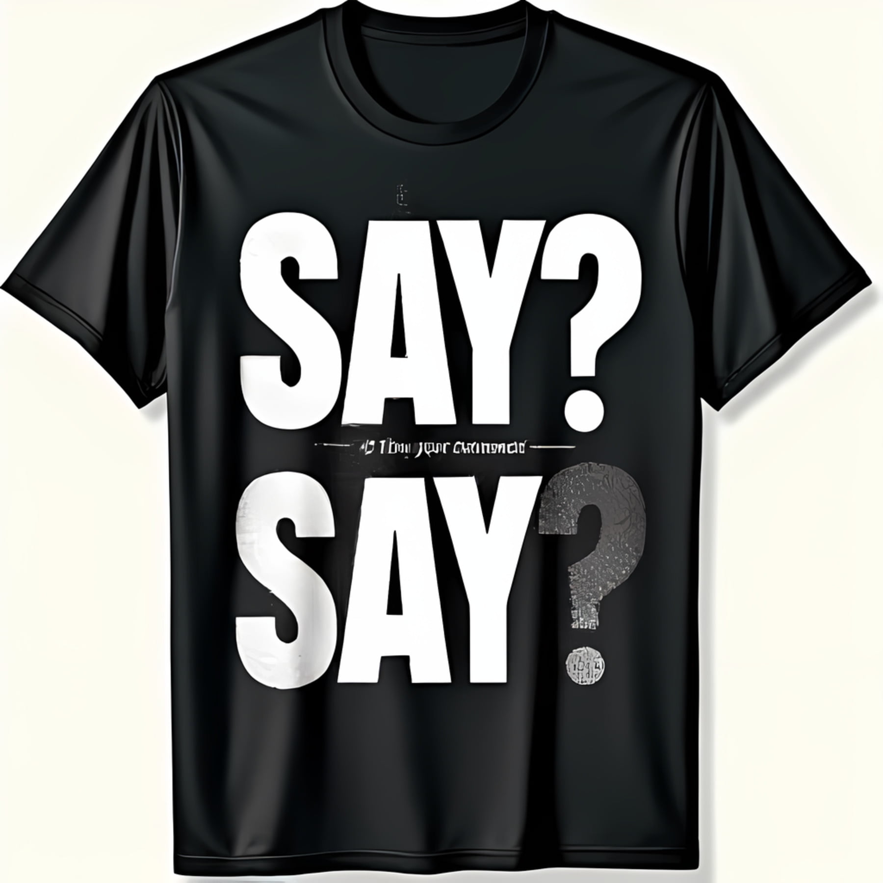 Bold Black T-Shirt with Distorted SAY? Graphic Design & Question Mark ...