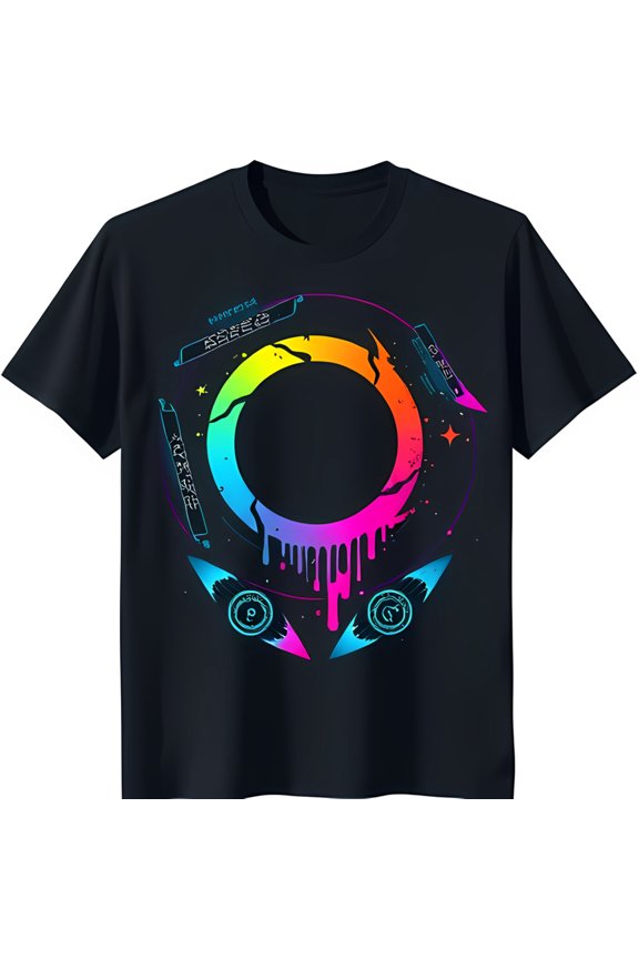 Bold Black T-Shirt with Dripping Rainbow Eye Graphic Unique & Stylish