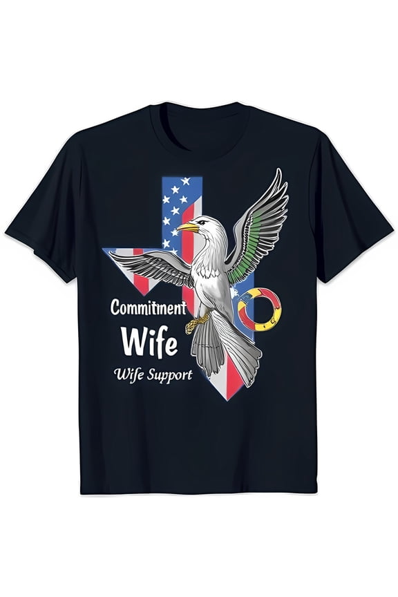 Bold Black T-Shirt with Eagle in & Outline Commitment Wife Support Graphic