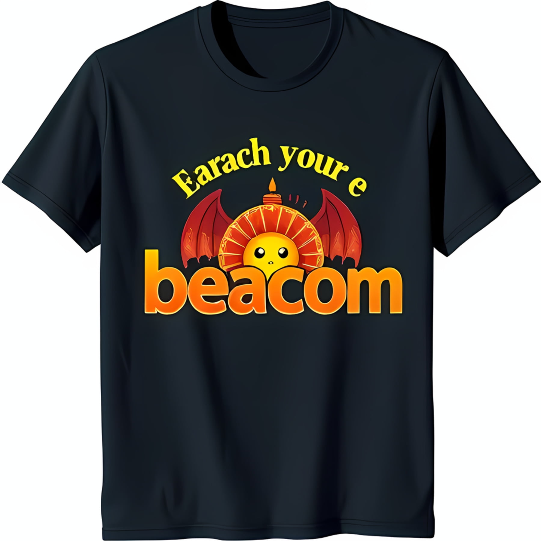 Bold Black TShirt with 'Earch Your Beacon' Graphic Cartoon Sun & Wings