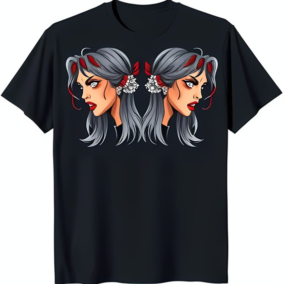 Bold Black T-Shirt with Edgy Silver Haired Twins Design & Red Flower Accents