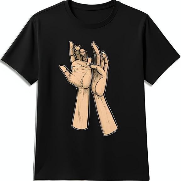 Bold Black T-Shirt with Expressive Graphic of Reaching Hands Eye Catching Design