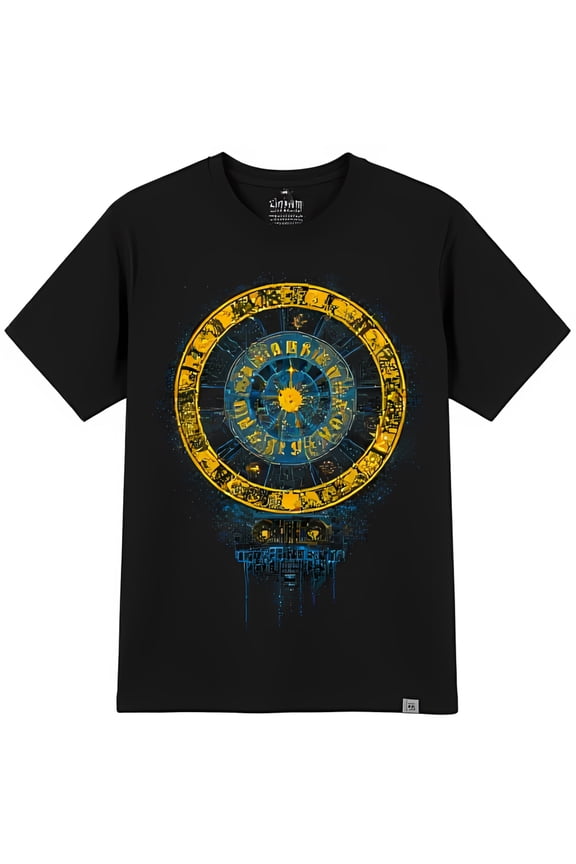 Bold Black T-Shirt with Eye Catching Clock Face Graphic & Sun Design