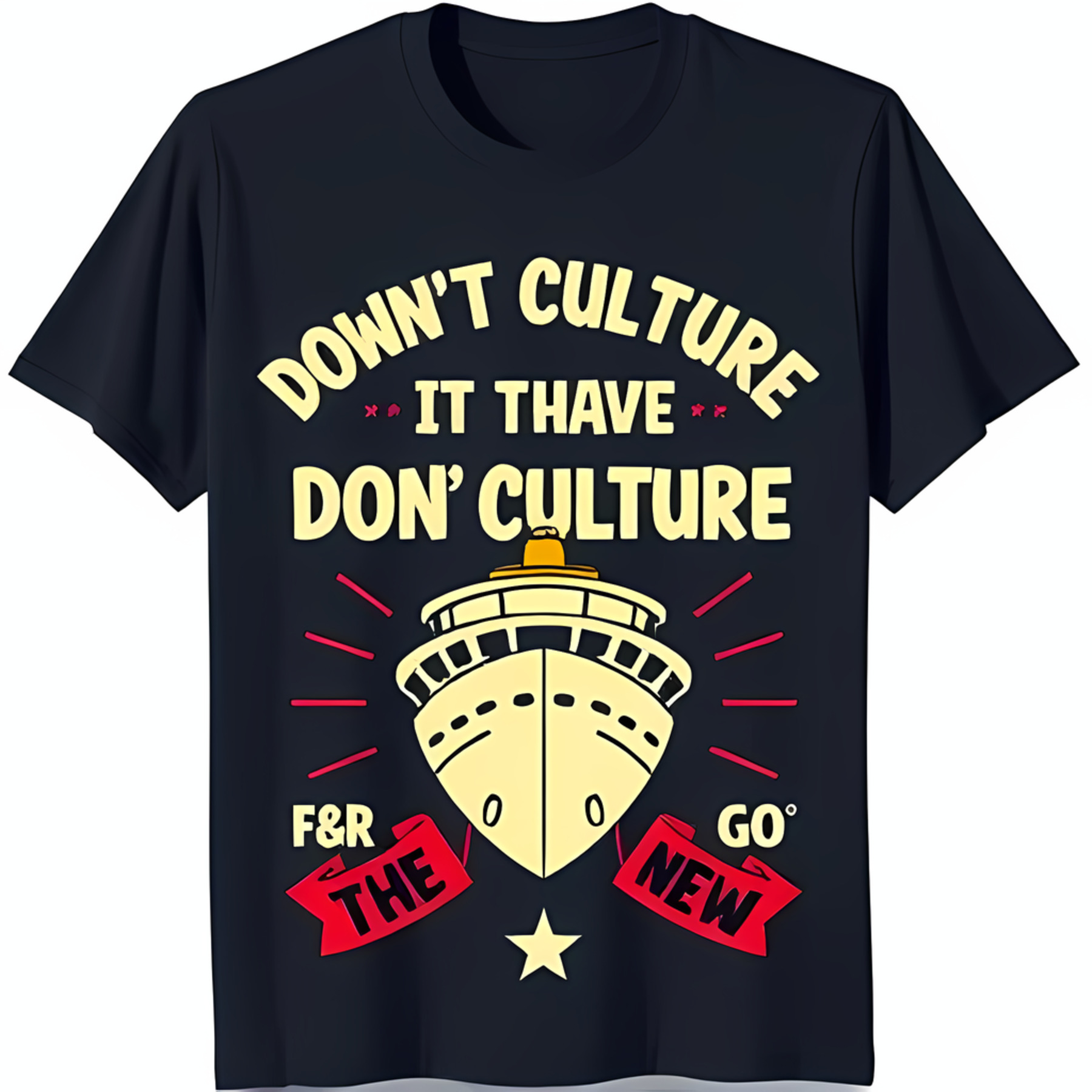 Bold Black TShirt with Eye Catching Cruise Ship Graphic & Unique Text