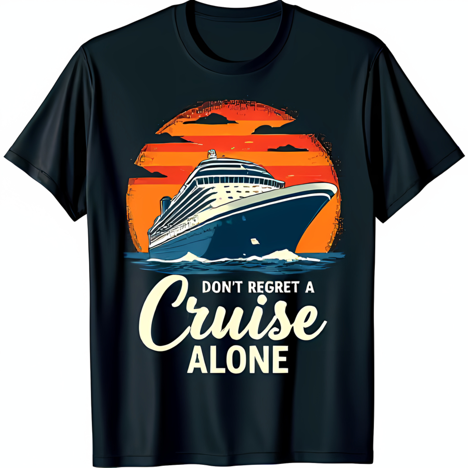 Bold Black TShirt with Eye Catching Cruise Ship Sunset Graphic Design