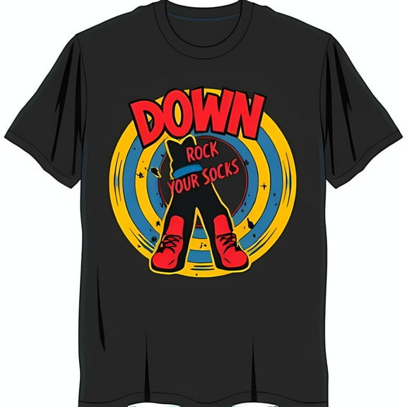 Bold Black T-Shirt with Eye Catching 'DOWN' Graphic & Colorful Design