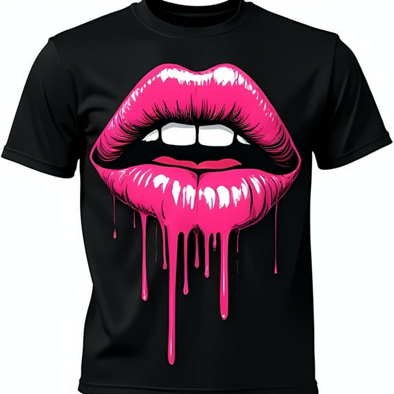 Bold Black T-Shirt with Eye Catching Pink Dripping Lip Graphic Design