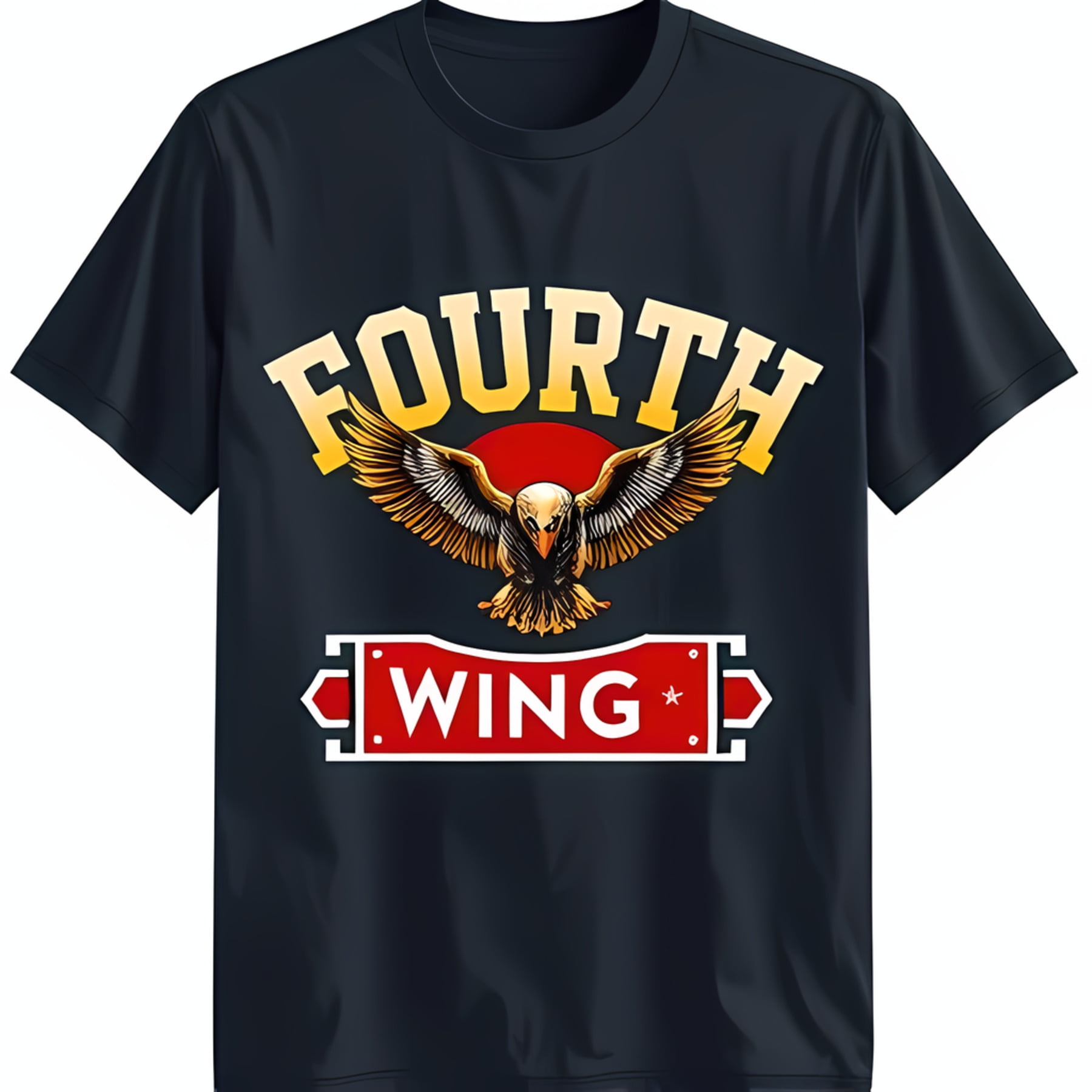 Bold Black TShirt with 'FOURTH WING' Graphic Eagle & Red Sun Design