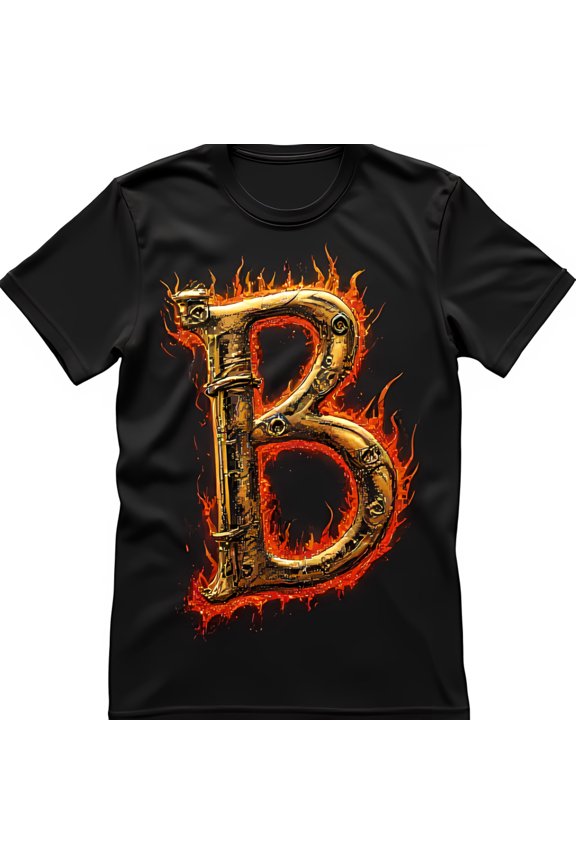Bold Black T-Shirt with Fiery Golden Letter B Graphic Intricate Metalwork Design
