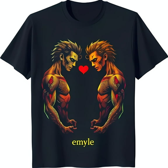 Bold Black T-Shirt with Fiery and Red of Two Muscular Men and Heart