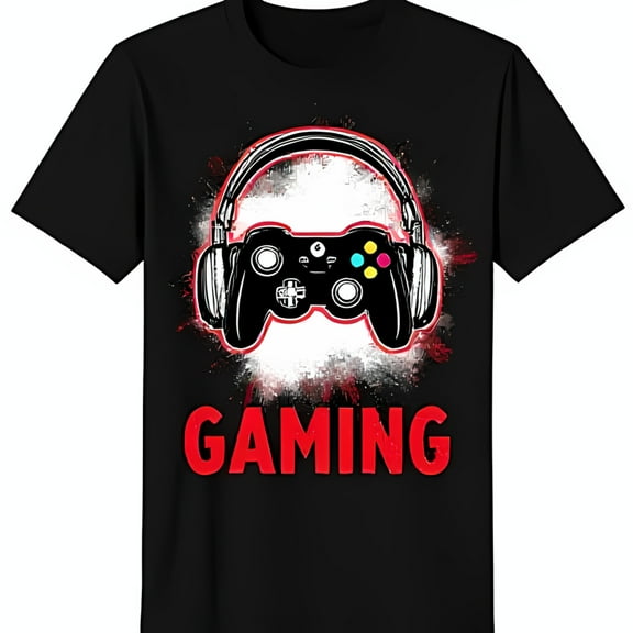 Bold Black T-Shirt with Gaming Controller Graphic & Red 'GAMING' Text