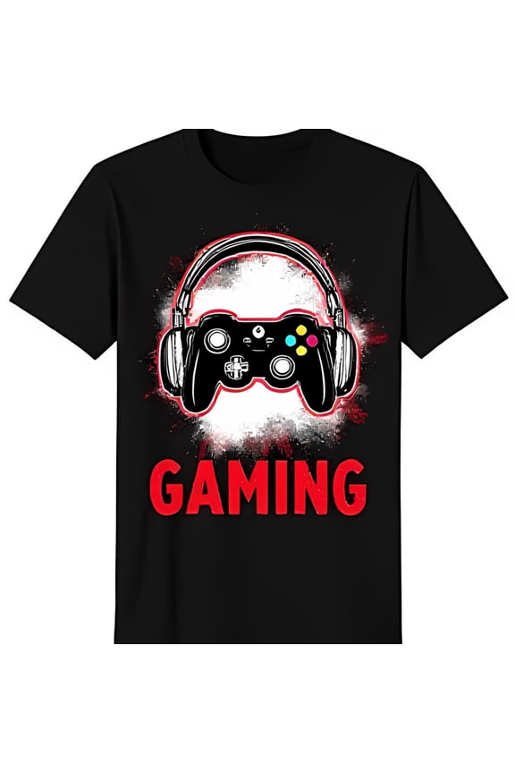 Bold Black T-Shirt with Gaming Controller Graphic & Red 'GAMING' Text