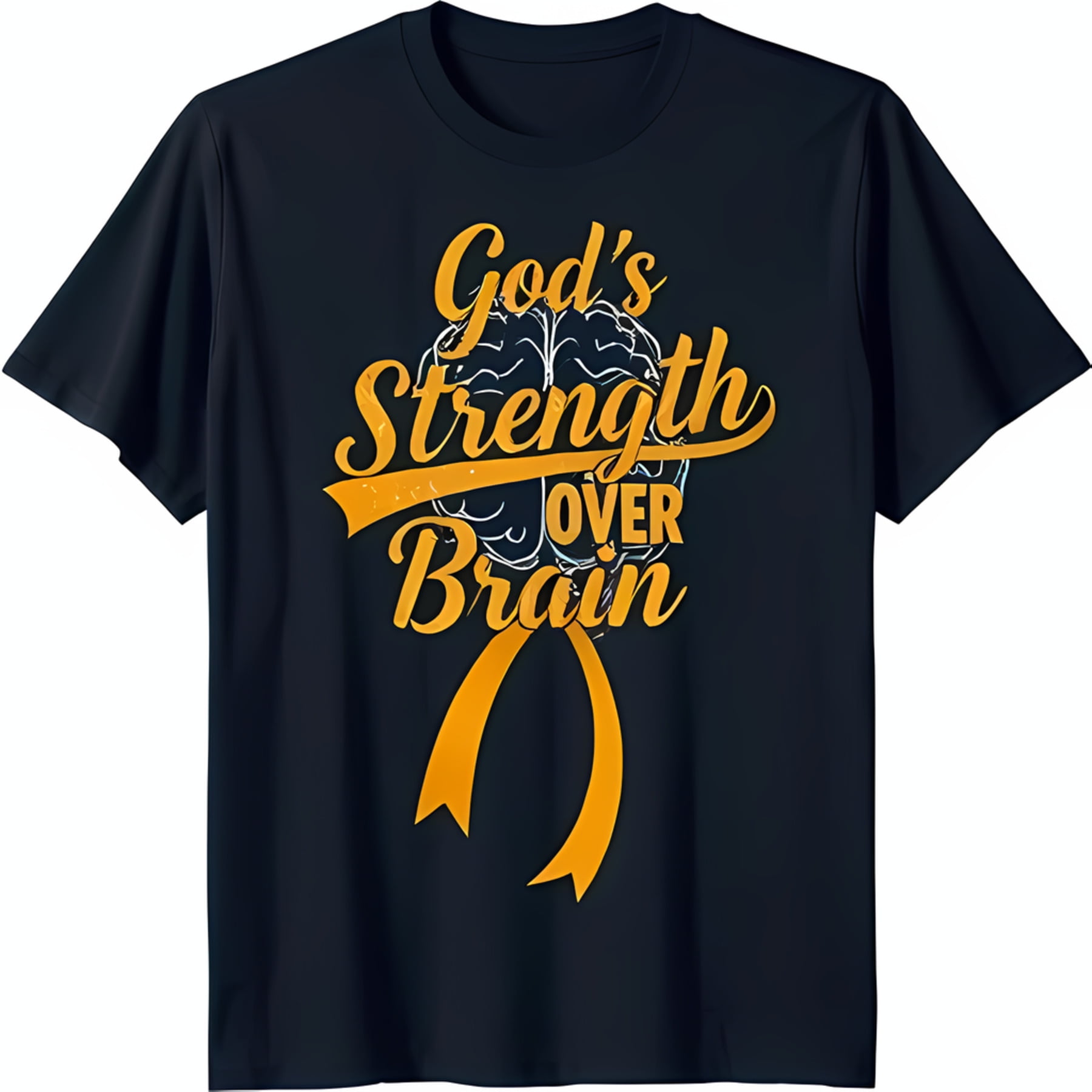 Bold Black TShirt with 'God's Strength Over Brain' Graphic & Yellow Ribbon