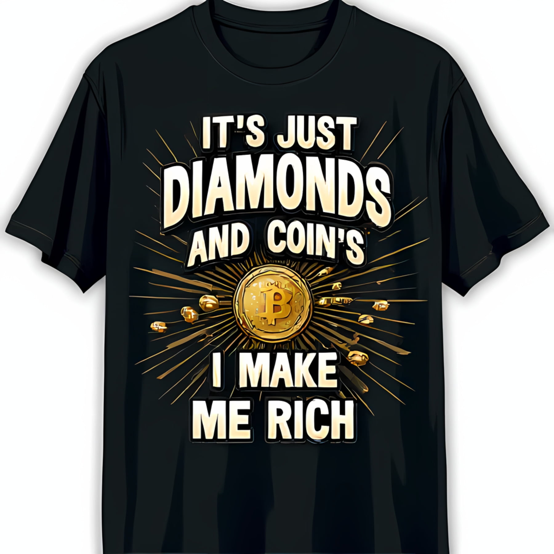 Bold Black TShirt with Gold Graphic 'It's Just and Coin's I Me Rich