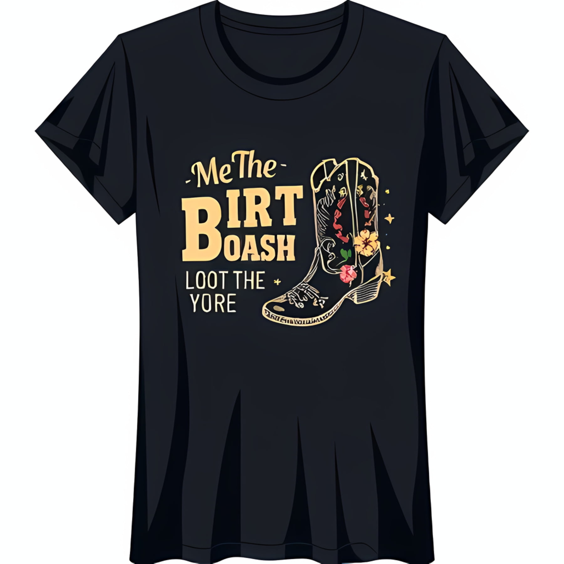Bold Black TShirt with Gold Graphic 'Me The Birt Boash Loot The Yore