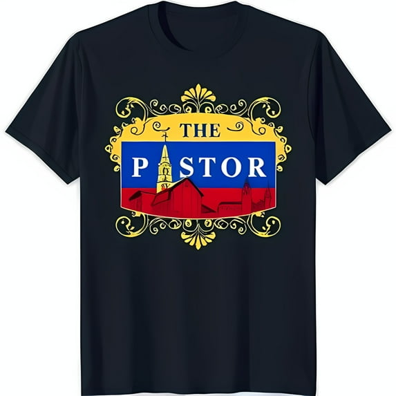 Bold Black T-Shirt with Gold and Red : 'The Pastor' Graphic Design