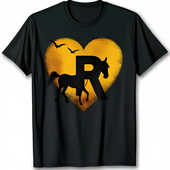 Bold Black T-Shirt with Golden Heart Graphic Horse & Birds
