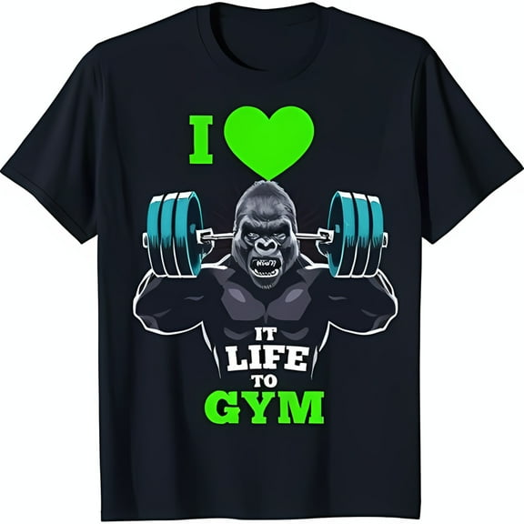 Bold Black T-Shirt with Gorilla Lifting Weights & 'It Life To Gym' Graphic
