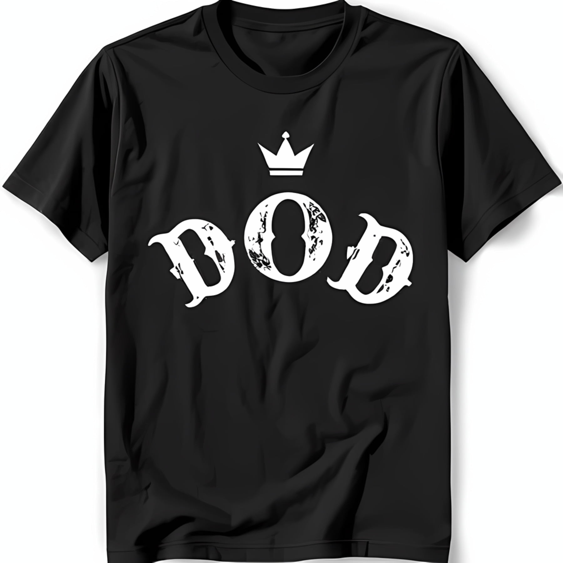 Bold Black TShirt with Gothic 'DOD' Graphic and Royal Crown Design