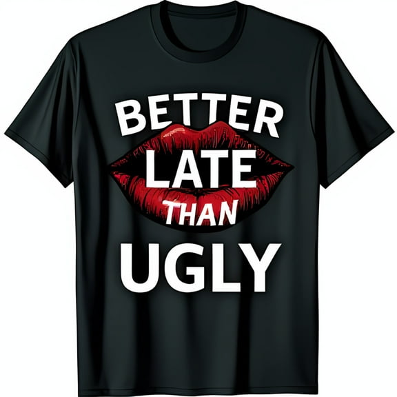 Bold Black T-Shirt with Graphic Better Late Than Ugly Statement Tee