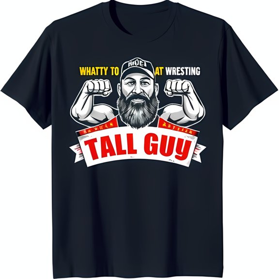 Bold Black T-Shirt with Graphic of Flexing Man in 'WHATTY TO AT WRESTLING' & 'TALL GUY'