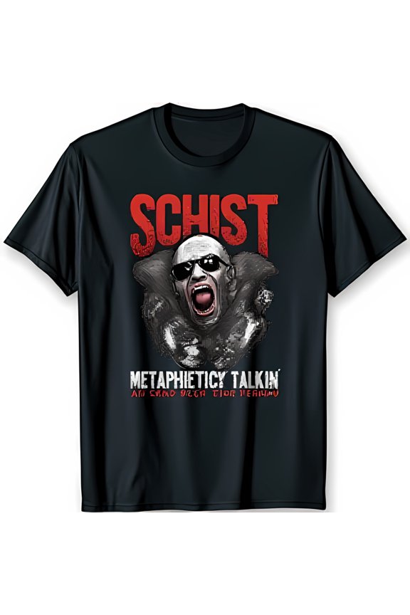 Bold Black T-Shirt with Graphic of Shaved Head Man Yelling SCHIST Design
