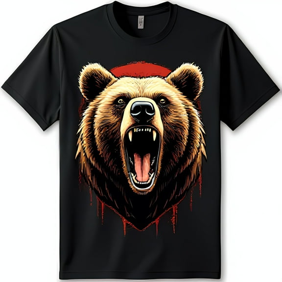 Bold Black T-Shirt with Grizzly Bear Roaring Graphic Design