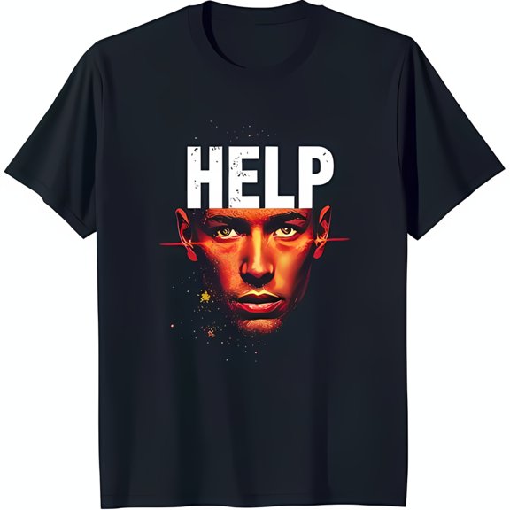 Bold Black T-Shirt with 'HELP' Graphic and Striking Face Design Eye Catching Style